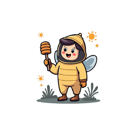 Adorable cartoon illustration of a child dressed as a bee holding a honey dipper, perfect for children's books and educational materials.のイラスト素材