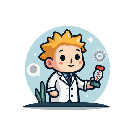 Cute cartoon scientist character holding a thermometer in a laboratory setting. Ideal for science education and health concepts.のイラスト素材