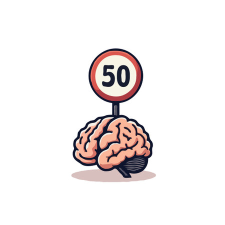 Illustration of a brain with a speed limit sign of 50. Concept for mental health and cognitive function.のイラスト素材