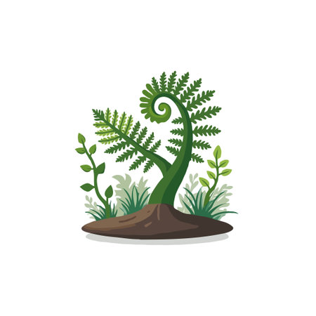 Illustration of a cartoon fern plant with unfurling fronds, growing from soil, surrounded by small plants.のイラスト素材
