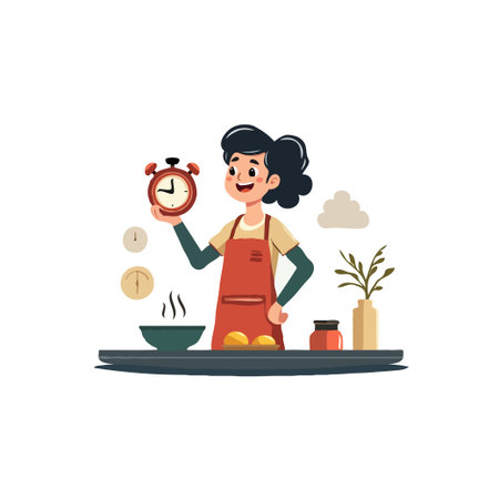 Illustration of a woman in an apron holding an alarm clock, preparing breakfast. Concept of time management and morning routine.のイラスト素材