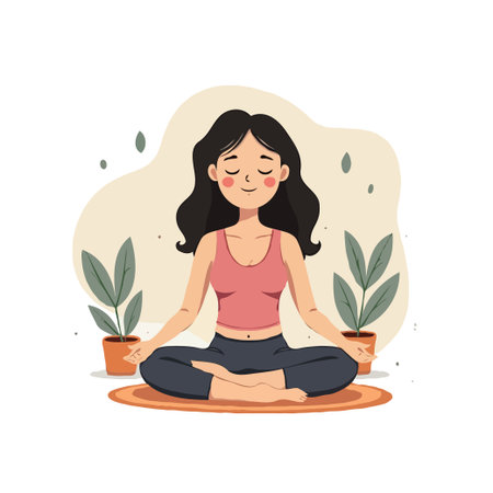 A woman practices meditation in the lotus position at home. Concept of relaxation, mindfulness, and wellness.のイラスト素材