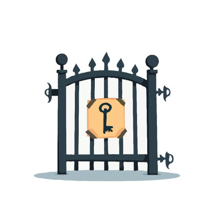 Whimsical illustration of a wrought iron gate with a sign depicting a key, symbolizing access and mystery.のイラスト素材