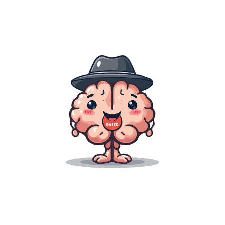 Adorable brain cartoon character with a fedora hat, perfect for educational or creative projects. Vector illustration.のイラスト素材