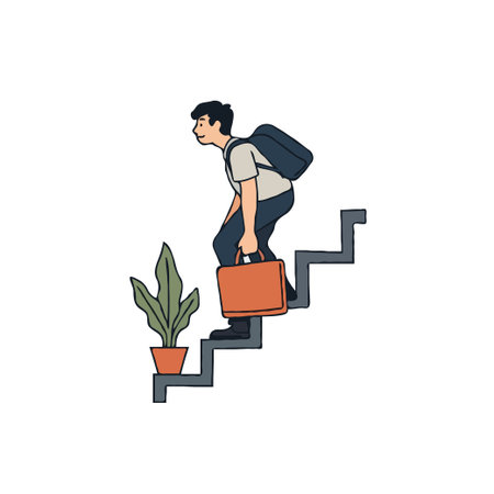 Illustration of a man walking down stairs carrying a briefcase and wearing a backpack, symbolizing challenges and work.のイラスト素材