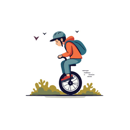 Illustration of a young boy riding a unicycle with a backpack, showcasing outdoor activity and simple transportation.のイラスト素材