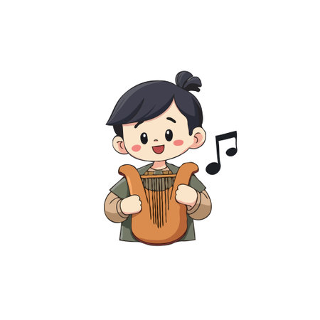 Adorable cartoon of a young boy playing a stringed lyre instrument with musical notes. Vector illustration.のイラスト素材