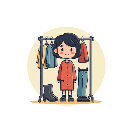 Cute cartoon girl standing in front of a clothes rack, deciding what to wear. Hand drawn vector illustration.のイラスト素材