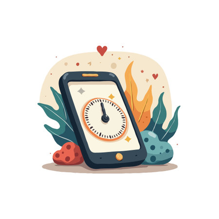 Stylized illustration of a smartphone displaying a clock face, surrounded by hearts and foliage,...