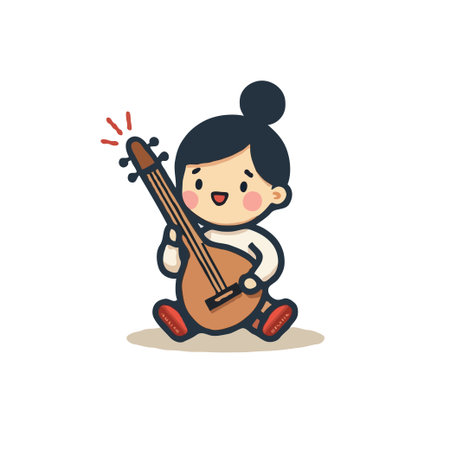 Adorable cartoon illustration of a young girl happily playing a traditional stringed instrument, sitting down with a cheerful expression.のイラスト素材