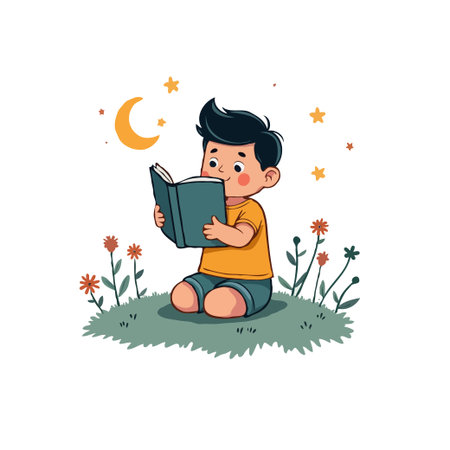 Charming illustration of a young boy reading a book outdoors under a crescent moon and stars, surrounded by flowers.のイラスト素材
