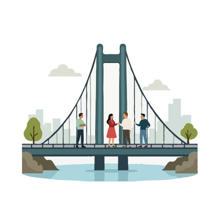Illustration of people meeting on a bridge with city skyline in the background. Vector design for...