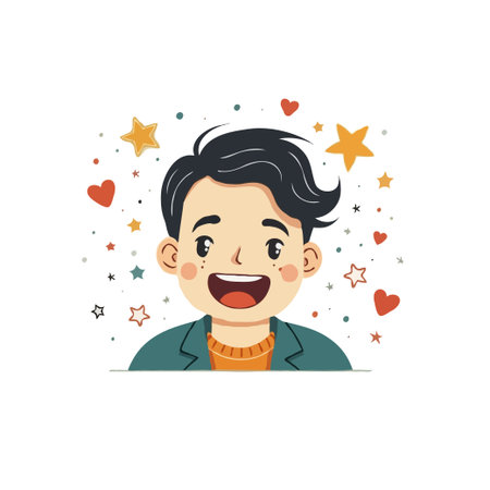 Cheerful cartoon illustration of a young boy surrounded by stars and hearts, expressing joy and positivity.のイラスト素材