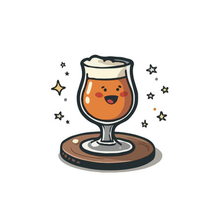 Adorable cartoon beer glass character illustration with a happy face and sparkling stars on a wooden coaster.のイラスト素材