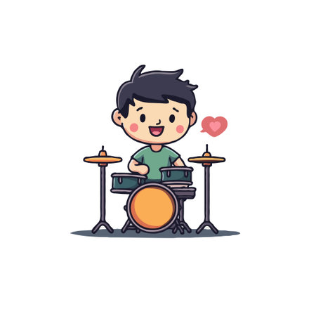 Adorable cartoon illustration of a young boy happily playing a drum set, showcasing a fun and...
