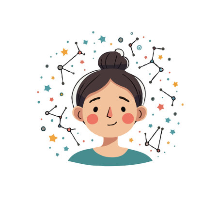 Cute cartoon illustration of a girl with a bun surrounded by constellations and stars. Ideal for astrology themes.のイラスト素材