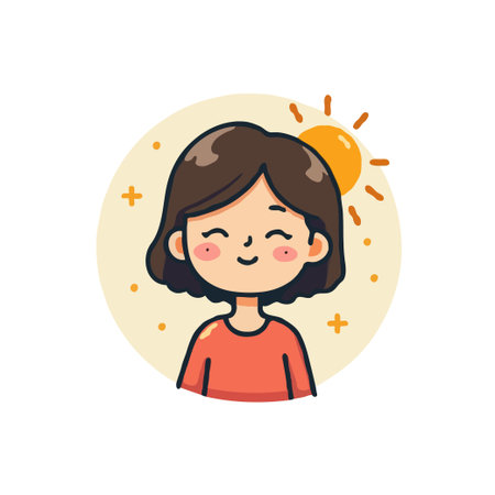 Cute cartoon illustration of a smiling girl with short brown hair, standing in front of a shining sun. Vector design.のイラスト素材