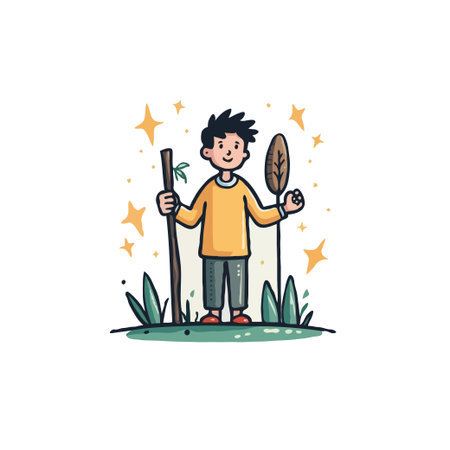Cheerful cartoon illustration of a young hiker holding a stick and leaf, standing on grass with star accents.のイラスト素材
