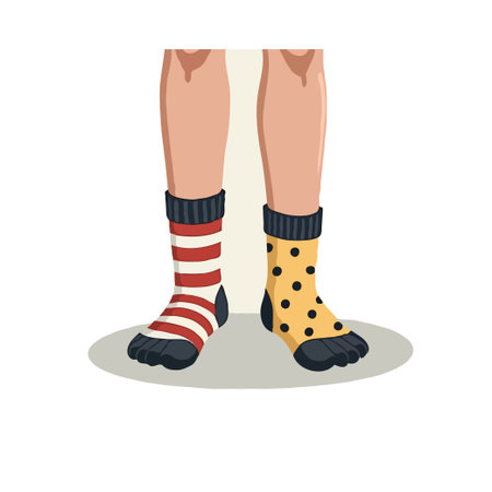 Whimsical image of legs wearing mismatched socks, one striped and one polka dot, showcasing individuality and playful style.のイラスト素材