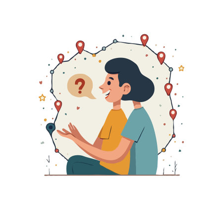 Illustration of a couple planning a trip together, surrounded by location pins and a question mark. Concept for travel planning.のイラスト素材