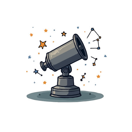 Illustration of a cartoon telescope observing stars and constellations, perfect for astronomy and science themes.のイラスト素材