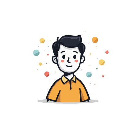 Cute cartoon illustration of a man in an orange shirt surrounded by colorful dots. Vector design for...