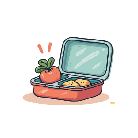 Illustration of a lunchbox with a radish and snacks inside. Perfect for school lunch, healthy eating, and kids.のイラスト素材