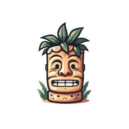 Cartoon illustration of a tiki head with pineapple leaves on top, surrounded by green grass. Vector design.のイラスト素材