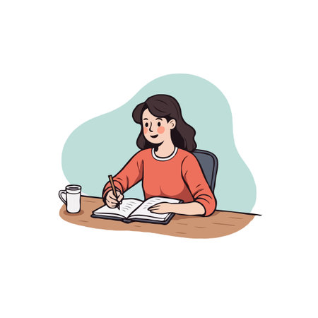 Illustration of a young woman sitting at a desk, writing in a notebook with a cup of coffee nearby.のイラスト素材