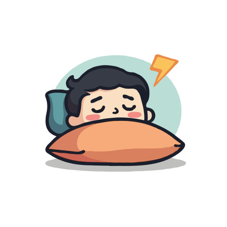 Cute cartoon illustration of a man sleeping soundly with a lightning bolt above his head, symbolizing a sudden idea or inspiration.のイラスト素材