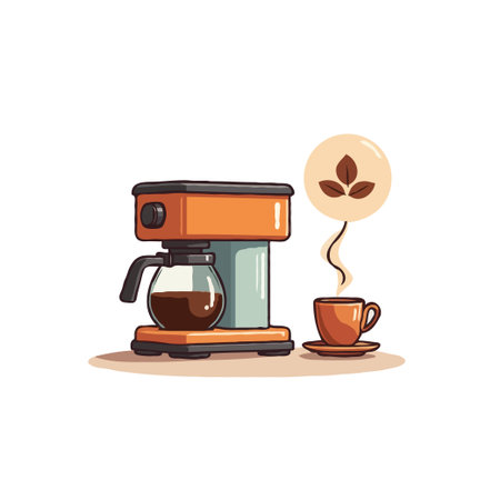 Cartoon illustration of a coffee maker brewing coffee into a cup, with coffee beans icon. Vector design.のイラスト素材