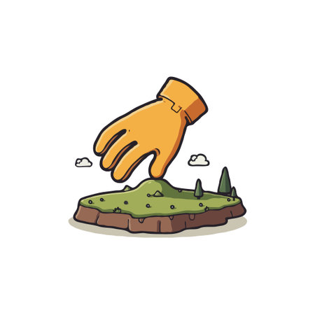 Whimsical illustration of a giant hand gently touching a miniature world with green hills and trees, creating a playful, surreal scene.のイラスト素材