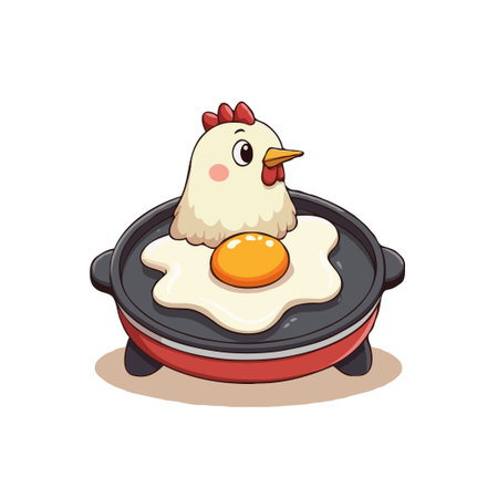 Cute cartoon chicken character in a frying pan with a sunny side up egg. Whimsical food illustration.のイラスト素材