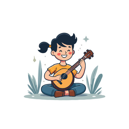 Cute cartoon illustration of a girl playing ukulele while sitting cross-legged. Vector art for kids and music themes.のイラスト素材