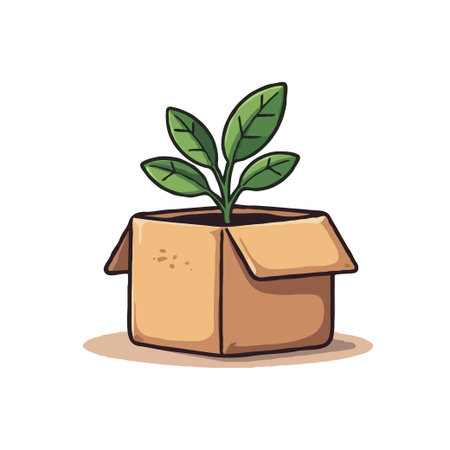 Illustration of a small plant growing inside an open cardboard box, symbolizing growth,...