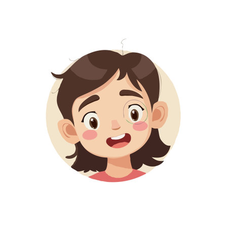 Cute cartoon avatar of a smiling girl with brown hair and rosy cheeks on a beige background.のイラスト素材