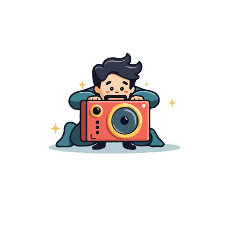 Cute cartoon man holding a camera, perfect for photography blogs, educational content, and creative...