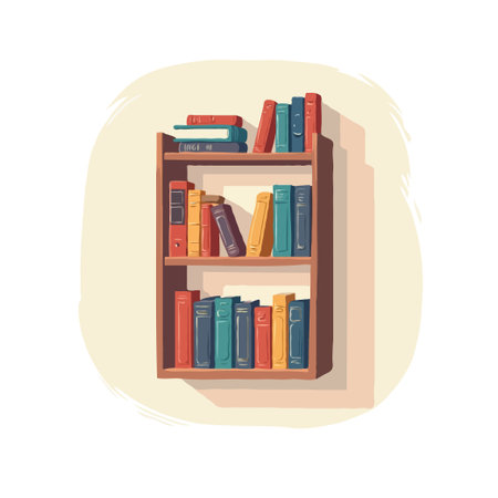Illustration of a wooden bookcase filled with colorful books, creating a cozy and educational atmosphere.のイラスト素材