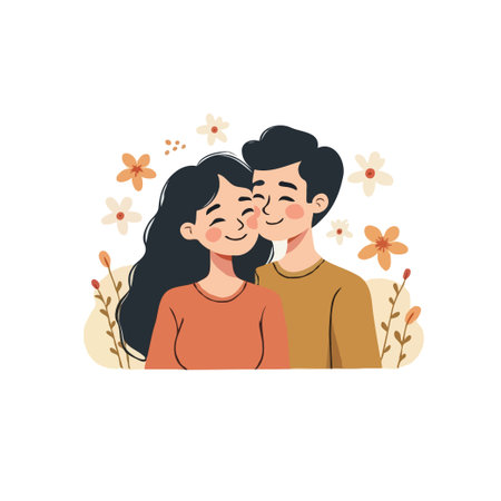 Illustration of a loving couple embracing, surrounded by flowers. Perfect for themes of love, relationships, and Valentine's Day.のイラスト素材