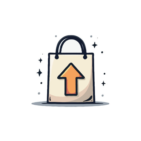 Illustration of a shopping bag with an arrow pointing upwards, symbolizing growth or uploading purchases.のイラスト素材