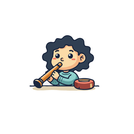 Cute cartoon illustration of a child playing a didgeridoo, an Australian Aboriginal wind instrument. Vector art.のイラスト素材
