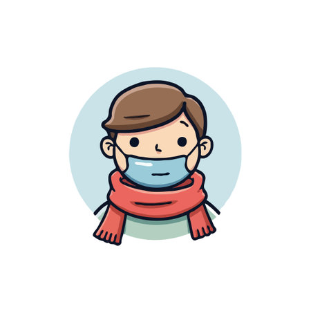 Cartoon illustration of a boy wearing a face mask and scarf, protecting from virus and cold weather.のイラスト素材