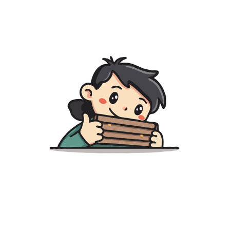 Cute cartoon illustration of a happy child with a stack of books, giving a thumbs up. Perfect for education, reading, and kids themes.のイラスト素材