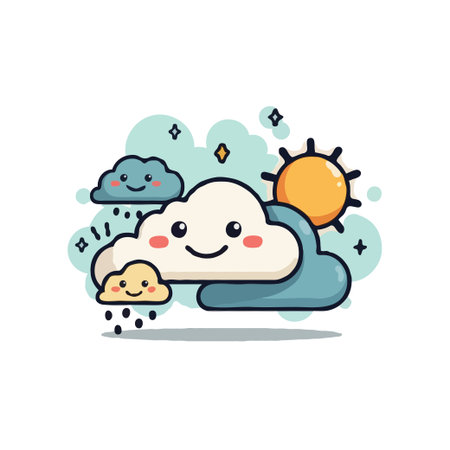 Adorable cartoon weather illustration featuring smiling sun, clouds, and rain. Perfect for children's designs and weather concepts.のイラスト素材