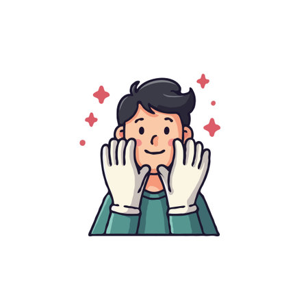 Cartoon illustration of a person with clean hands wearing gloves, emphasizing hygiene and healthcare practices.のイラスト素材