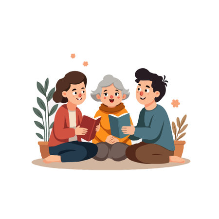 Grandmother reading with her grandchildren. Happy family spending time together. Vector illustration in cartoon style.のイラスト素材