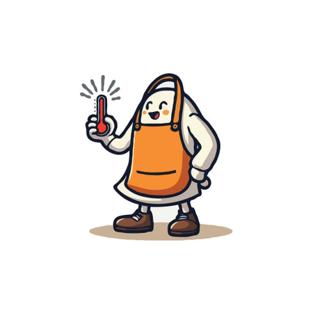 Cute cartoon character holding a thermometer. Mascot design with an apron. Vector illustration isolated on white.のイラスト素材