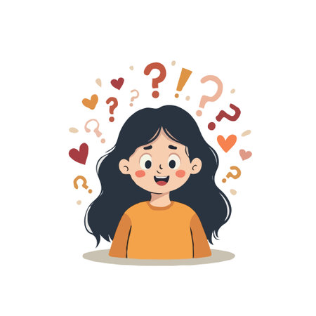A cartoon girl surrounded by question marks and hearts, symbolizing curiosity, love, and contemplation in a playful design.のイラスト素材