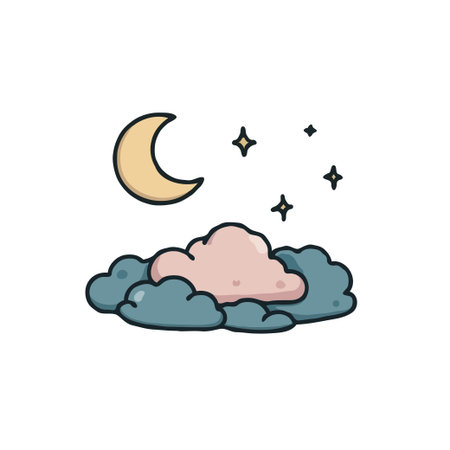 Whimsical illustration of a crescent moon, twinkling stars, and fluffy clouds. Perfect for children's books, bedtime stories, and dreamy designs.のイラスト素材