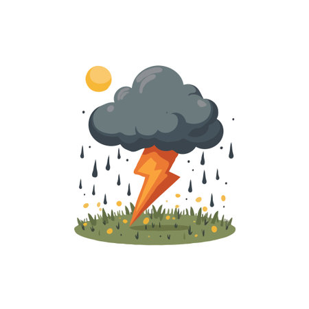 Cartoon illustration of a dark storm cloud with lightning, rain, and a yellow sun on a white background.のイラスト素材